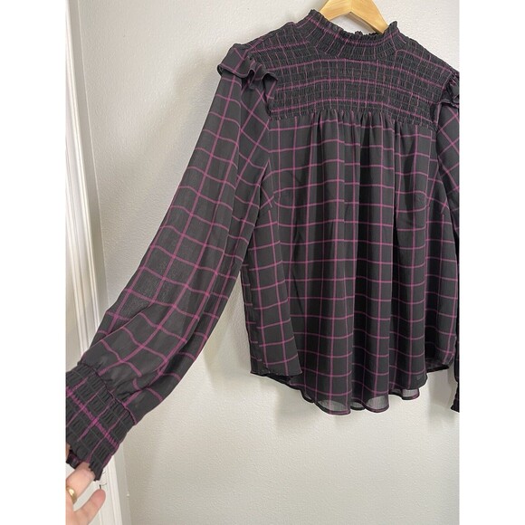 Torrid Crinkle Chiffon Smocked High Neck Blouse Black Purple Size 1 (XL 14/16) - Picture 7 of 16